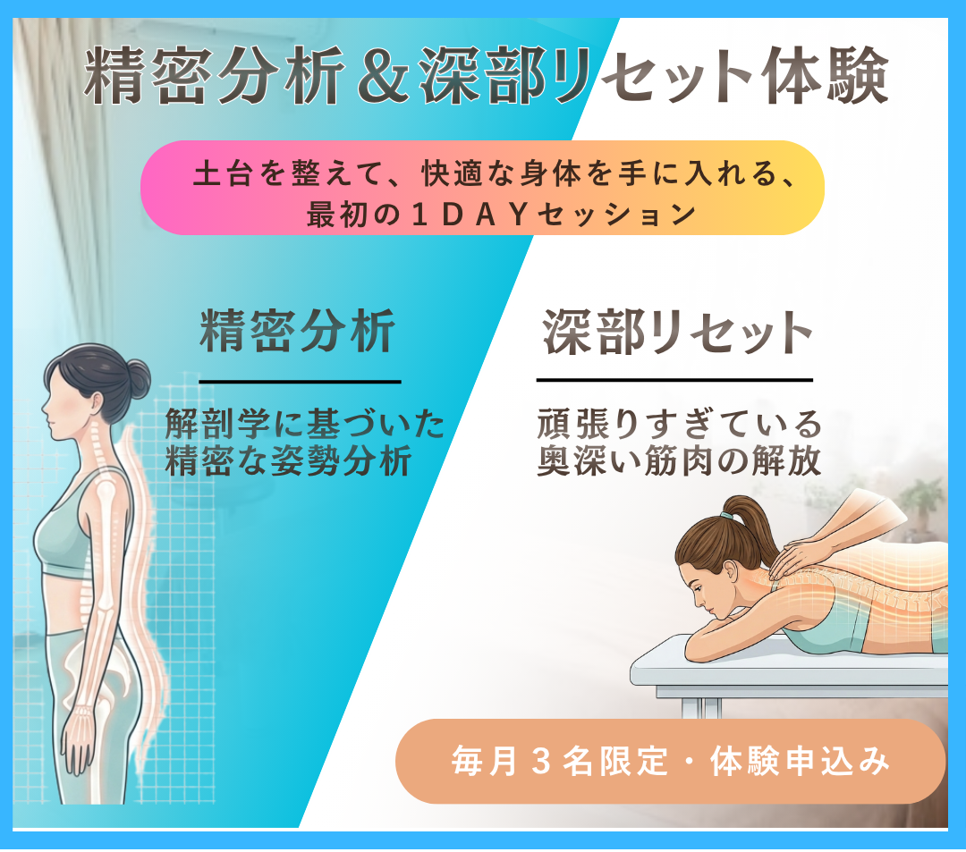 国家資格者とキャリア20年のトレーナー夫婦が営むサロンの、毎月3名様限定「精密分析 ＆ 深部リセット体験」募集バナー。左側に「解剖学に基づいた精密な姿勢分析」の解説と女性の骨格イラスト、右側に「頑張りすぎている奥深い筋肉の解放」の解説と整体施術のイラストが配置されている。中央上部には「土台を整えて、快適な身体を手に入れる、最初の1DAYセッション」というキャッチコピーがあり、右下には「毎月3名限定・体験申込み」のボタンとLINEアイコンが描かれている。